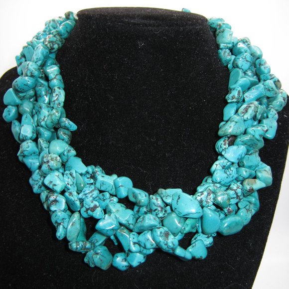 Preppy Turquoise  Natural Nugget 5 Stand Choker with Sterling Silver Clasp - Picture 1 of 5